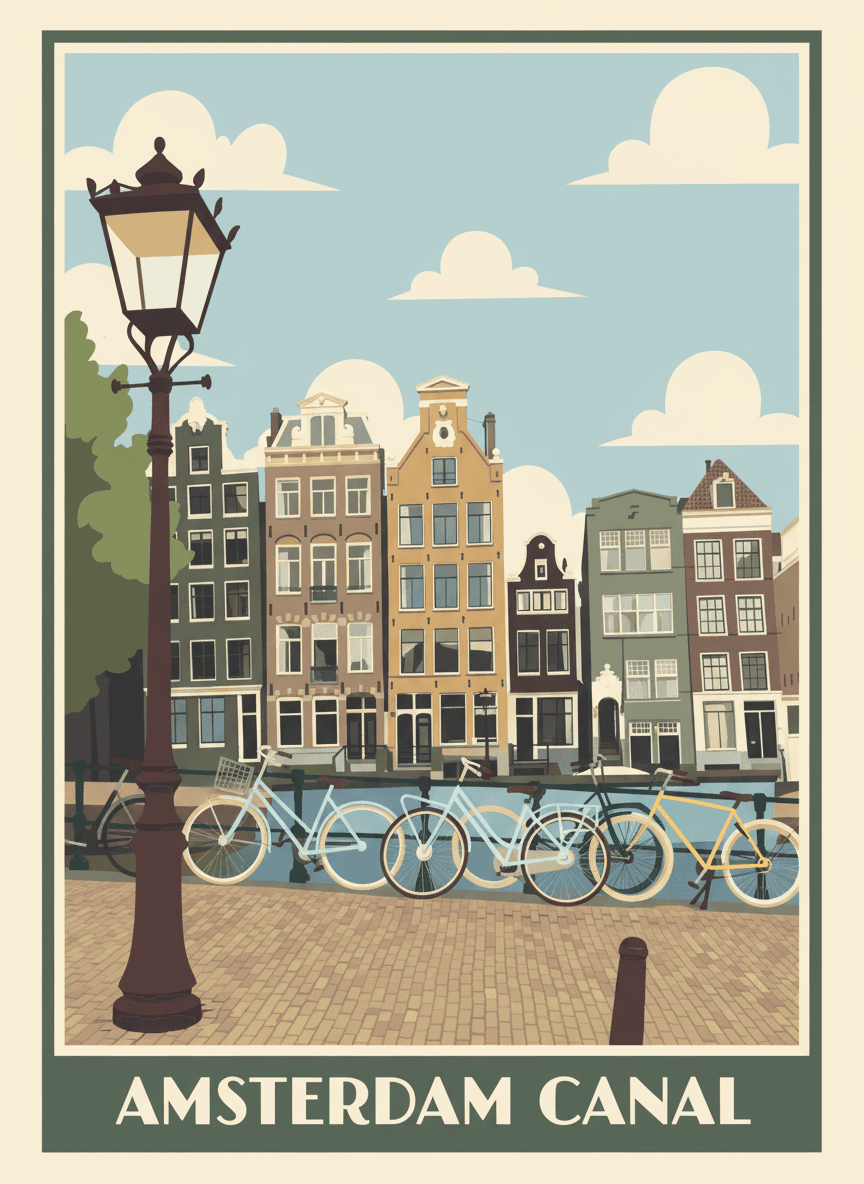 Amsterdam canal transformed into a vintage travel poster in the Springtime palette