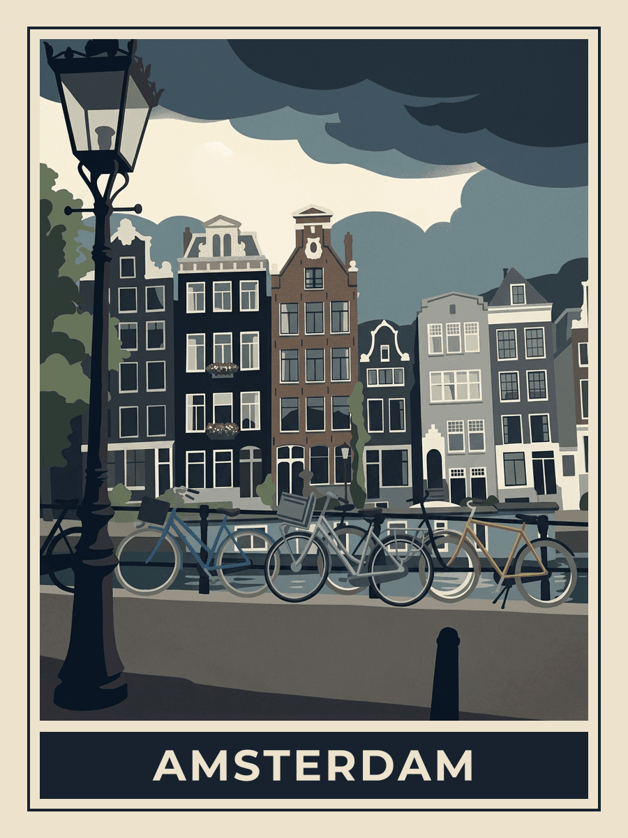 Vintage travel poster of an Amsterdam canal, Midnight Blues mood. RetroRoam.