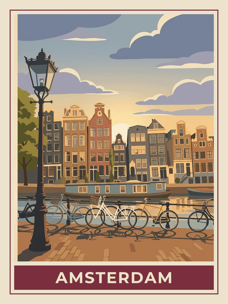 Vintage travel poster of an Amsterdam canal, Golden Hour mood. RetroRoam.