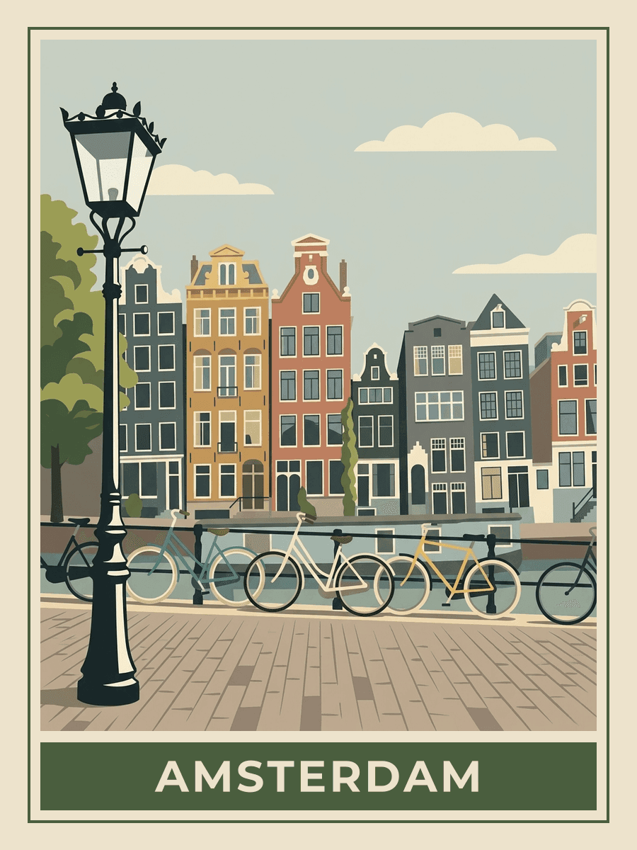 Vintage travel poster of an Amsterdam canal, Springtime mood. RetroRoam.