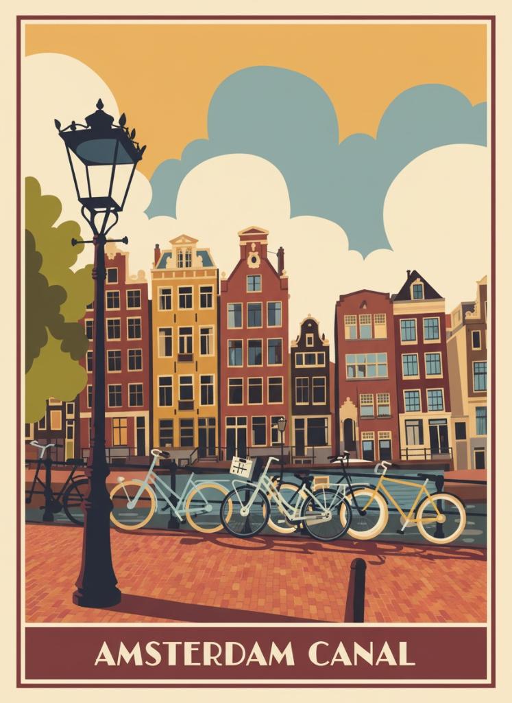 Vintage travel poster of Amsterdam canal, Netherlands — RetroRoam