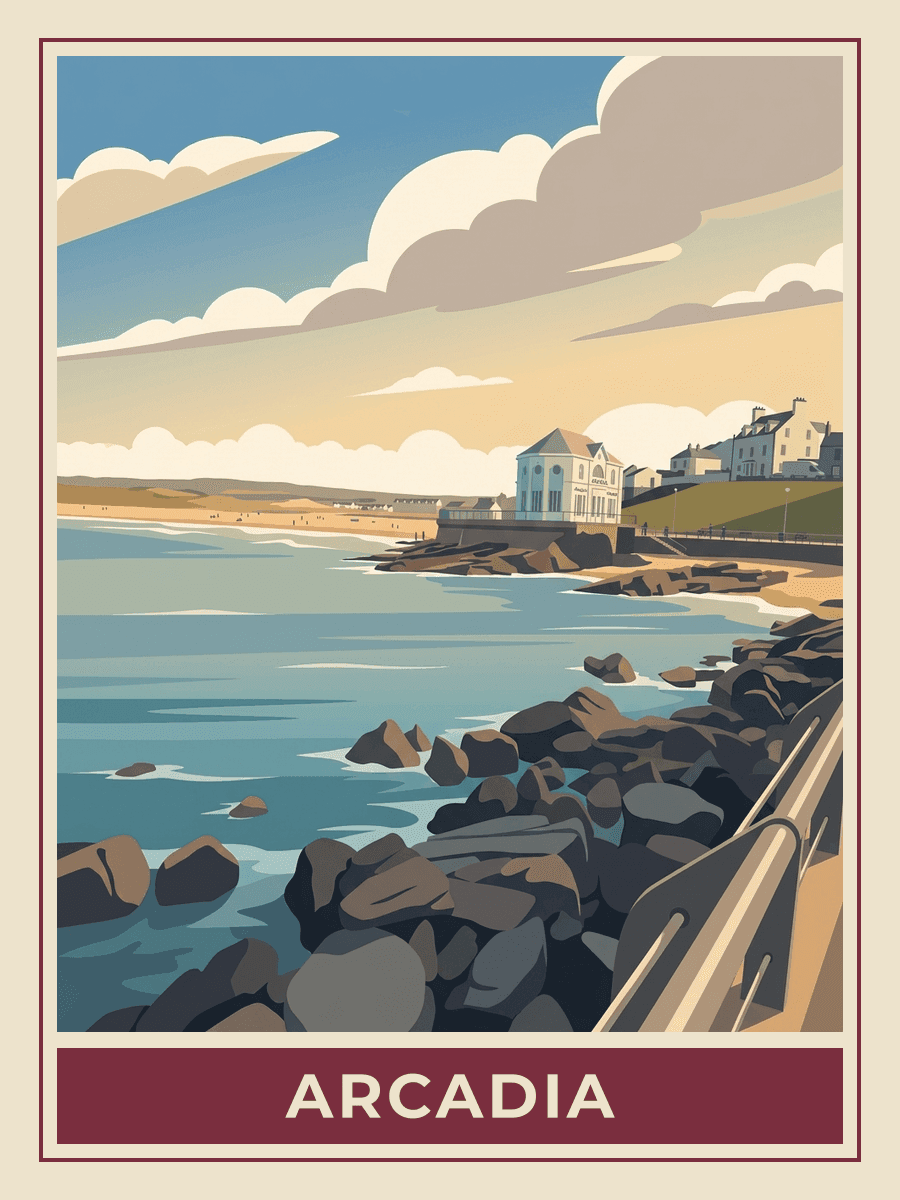 Vintage travel poster of the Arcadia, Portrush, Northern Ireland, Golden Hour mood. RetroRoam.