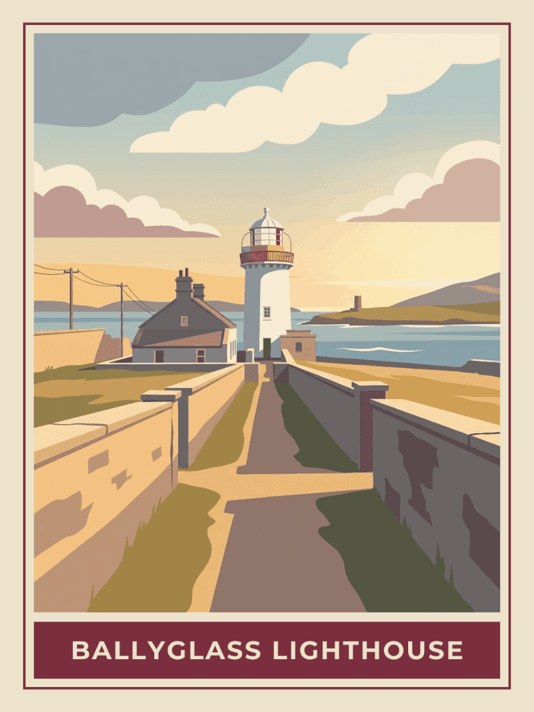 Vintage travel poster of Ballyglass Lighthouse, County Mayo, Ireland, Golden Hour mood. RetroRoam.