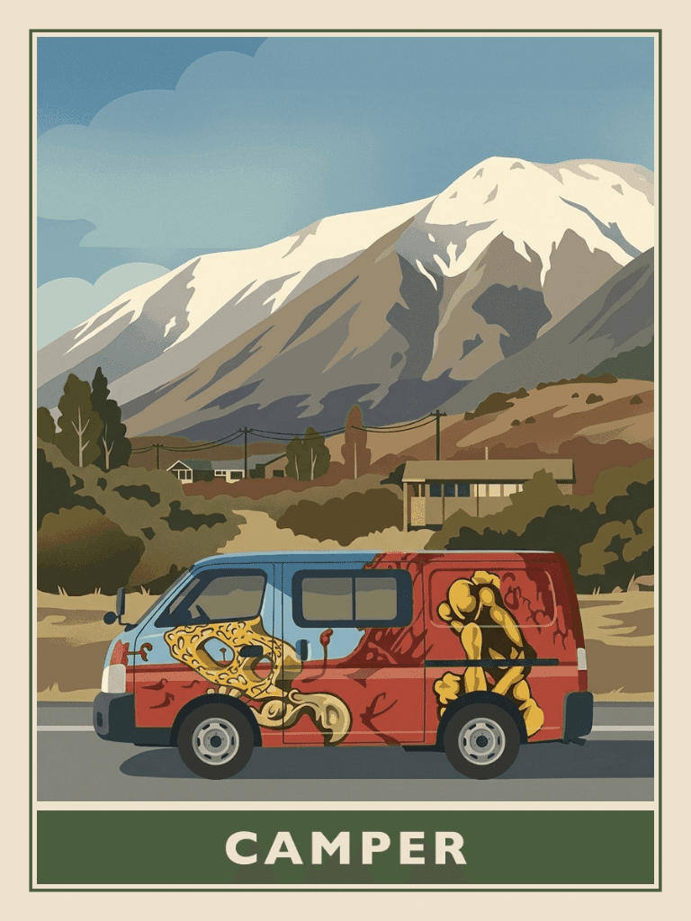 Vintage travel poster of a colorful camper van in front of snow-capped mountains titled Camper, Springtime mood. RetroRoam.