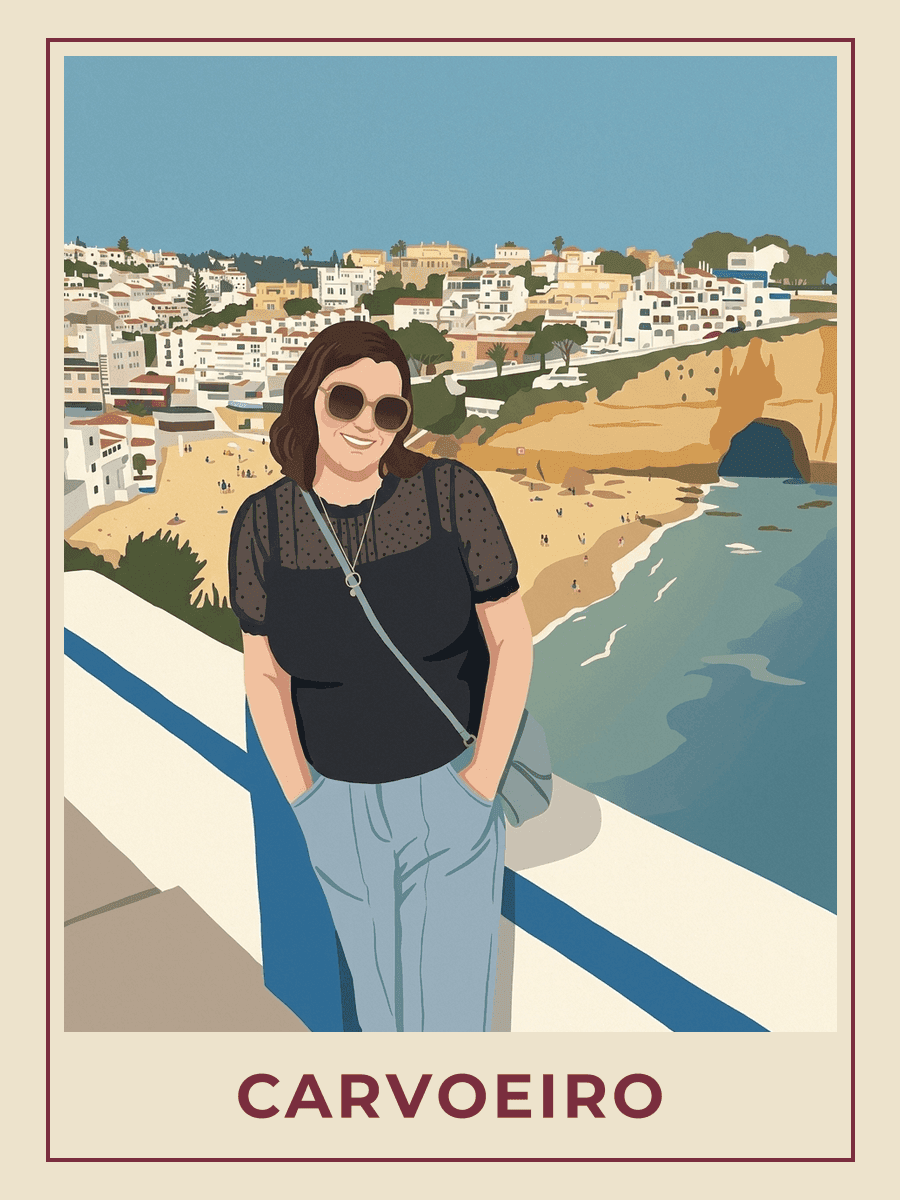 Vintage travel poster of a woman at a viewpoint overlooking Carvoeiro beach and cliffs, Golden Hour mood. RetroRoam.