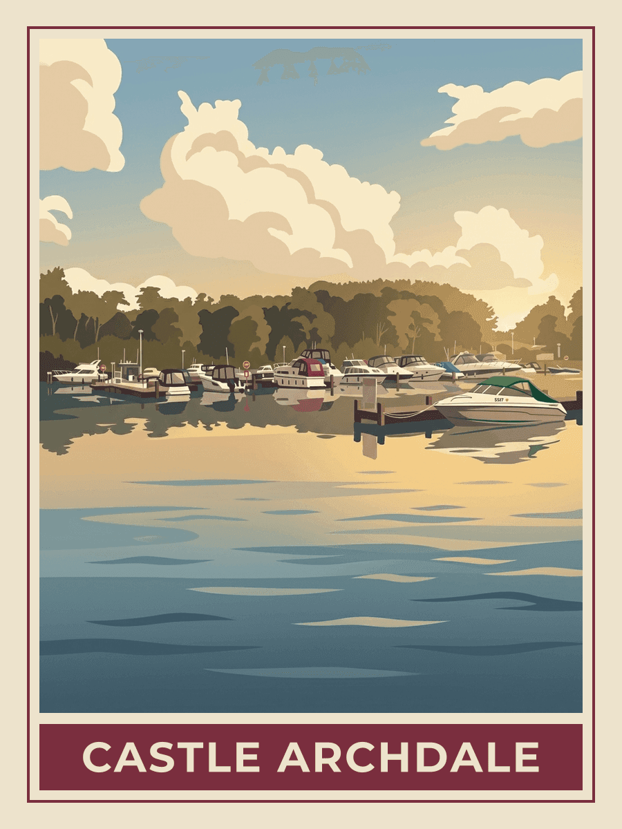 Vintage travel poster of Castle Archdale on Lower Lough Erne, Fermanagh, Golden Hour mood. RetroRoam.