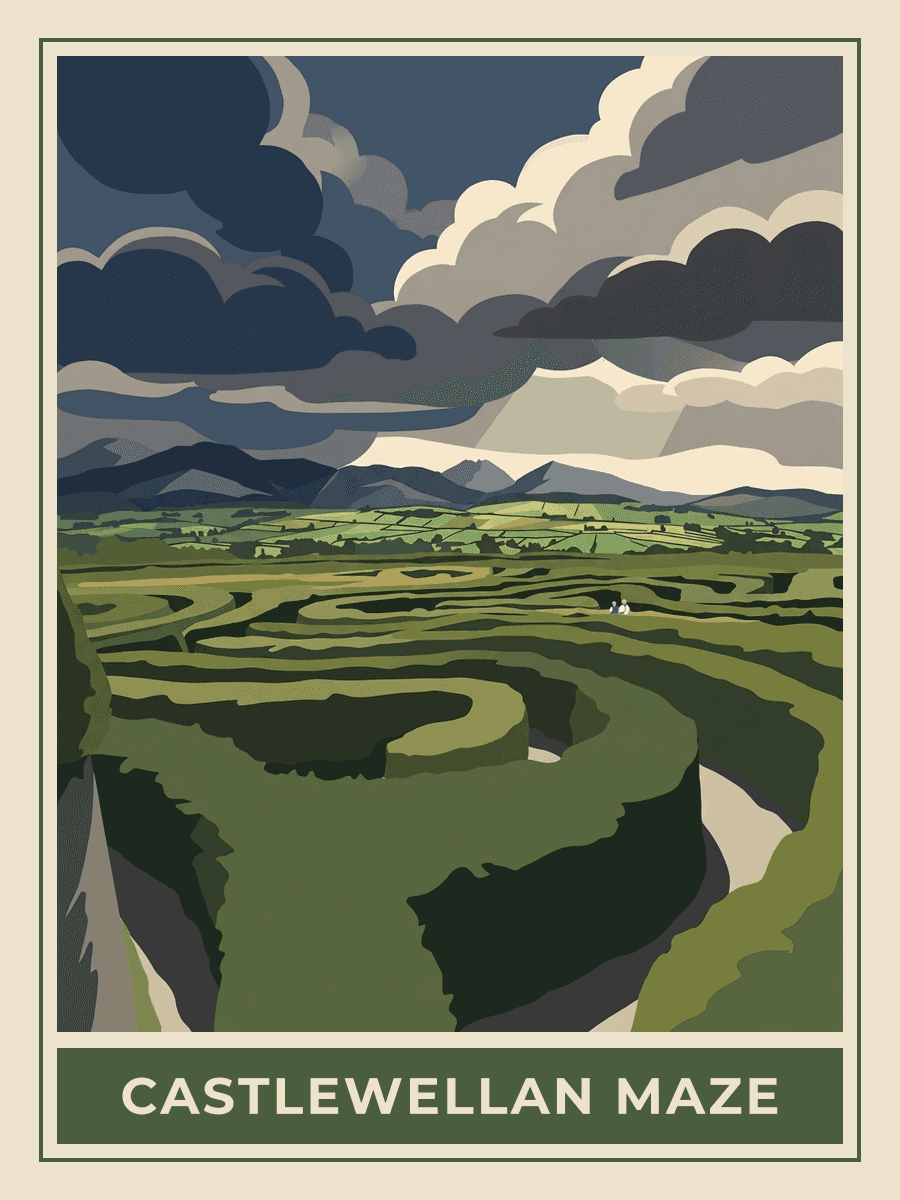 Vintage travel poster of the Peace Maze at Castlewellan Forest Park, County Down, Midnight Blues mood. RetroRoam.