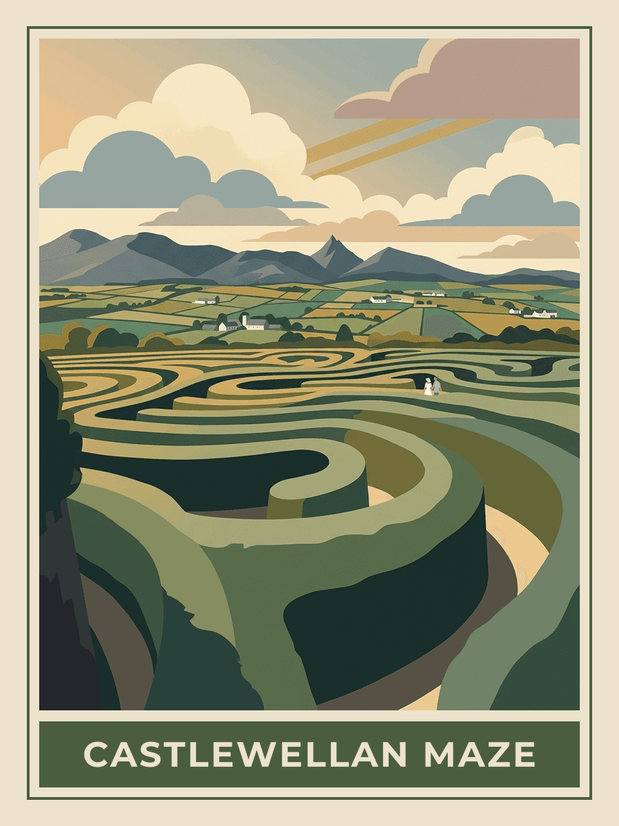 Vintage travel poster of the Peace Maze at Castlewellan Forest Park, County Down, Golden Hour mood. RetroRoam.