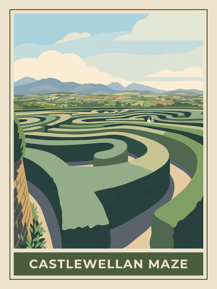 Vintage travel poster of the Peace Maze at Castlewellan Forest Park, County Down, Springtime mood. RetroRoam.