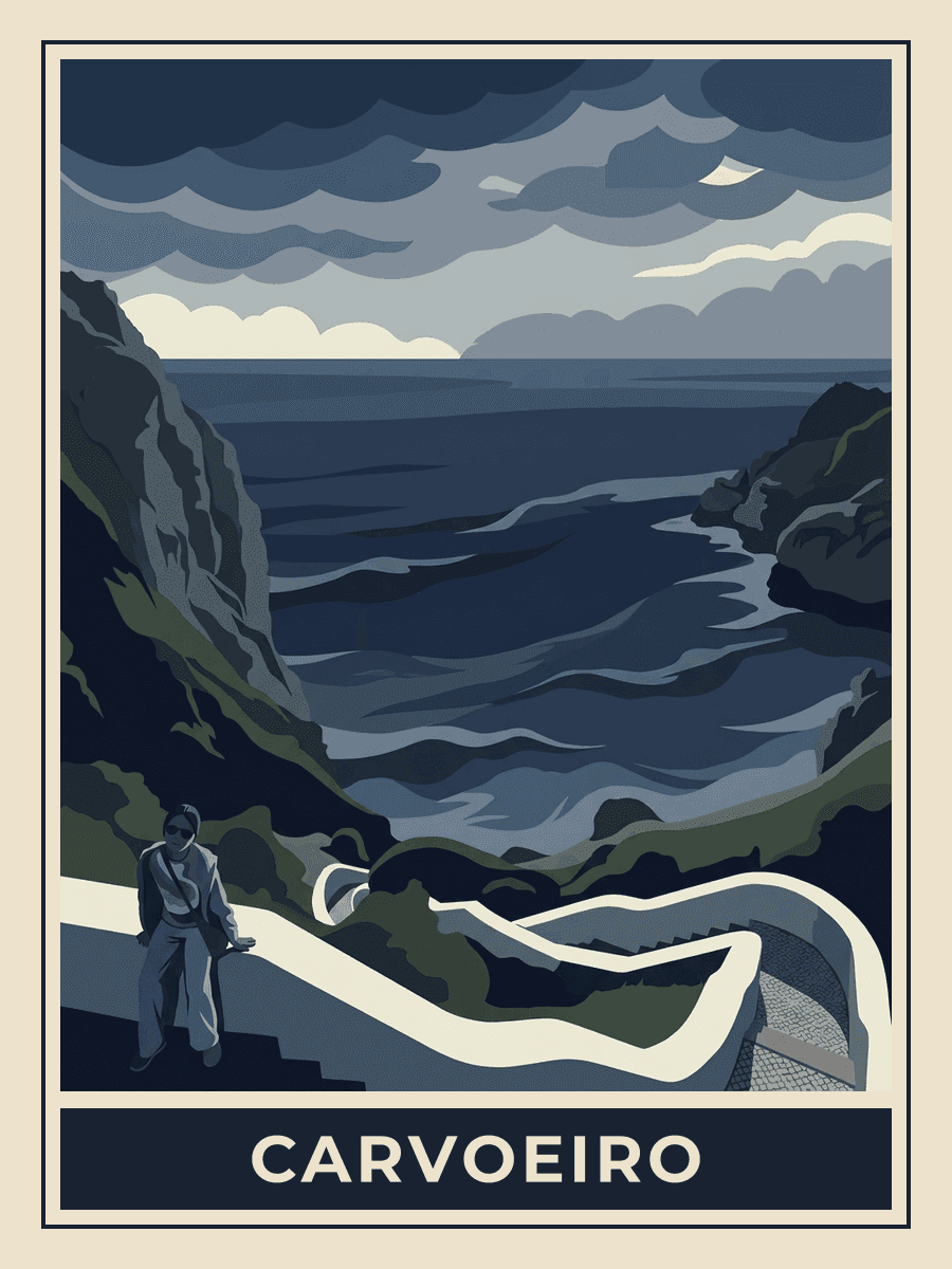 Vintage travel poster of a lone walker on a serpentine coastal staircase path overlooking cliffs, Midnight Blues mood. RetroRoam.
