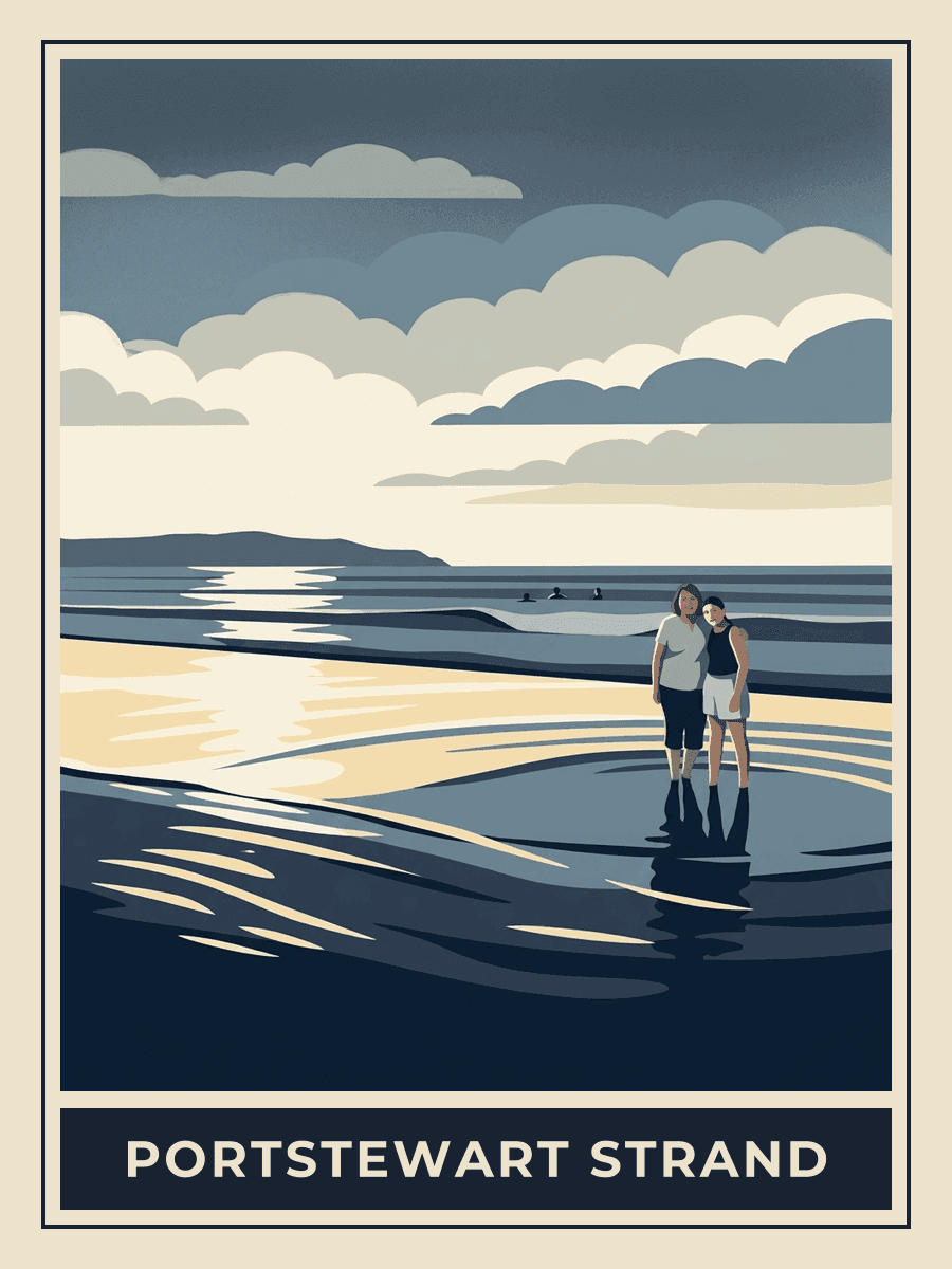 Vintage travel poster of a couple on Portstewart Strand at sunset, Midnight Blues mood. RetroRoam.