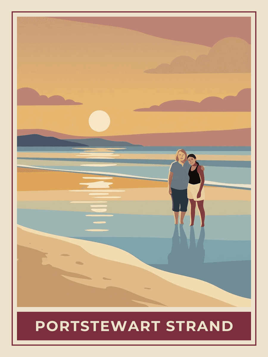 Vintage travel poster of a couple on Portstewart Strand at sunset, Golden Hour mood. RetroRoam.