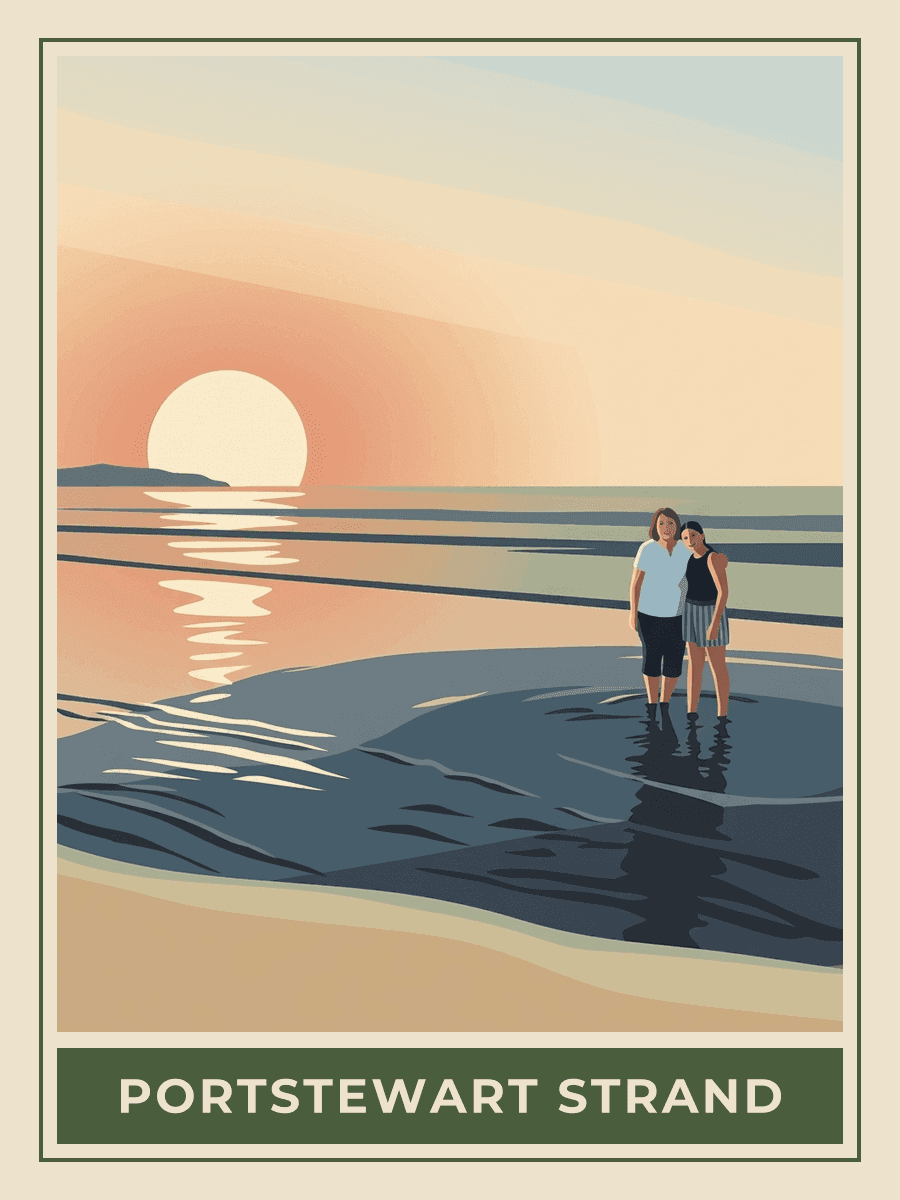 Vintage travel poster of a couple on Portstewart Strand at sunset, Springtime mood. RetroRoam.