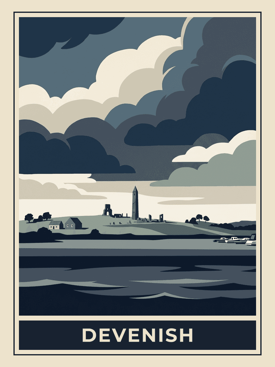Vintage travel poster of Devenish Island on Lough Erne, Fermanagh, Midnight Blues mood. RetroRoam.