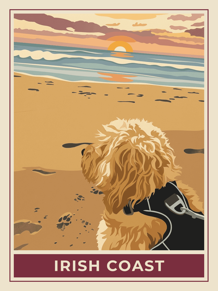 Vintage travel poster of a dog on the beach watching the sunset, Golden Hour mood. RetroRoam.