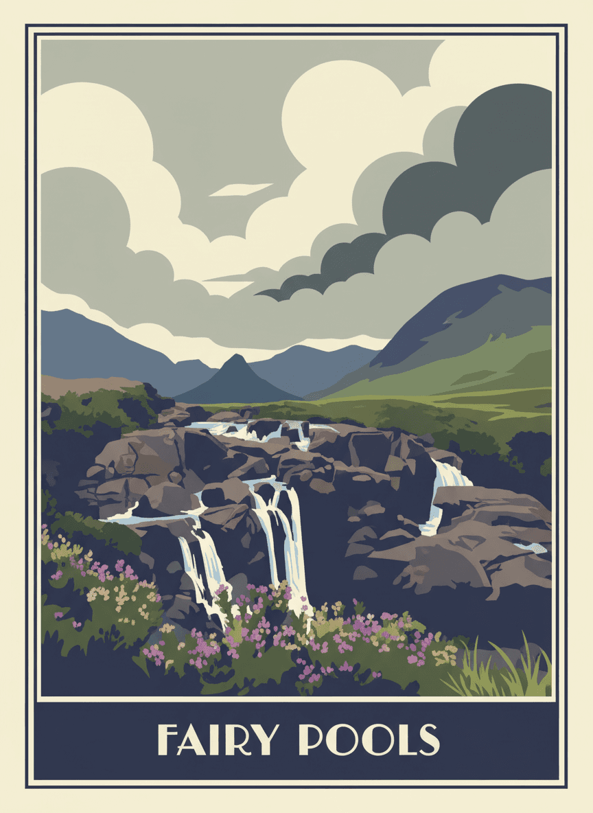 Vintage travel poster of the Fairy Pools, Isle of Skye, Scotland — RetroRoam