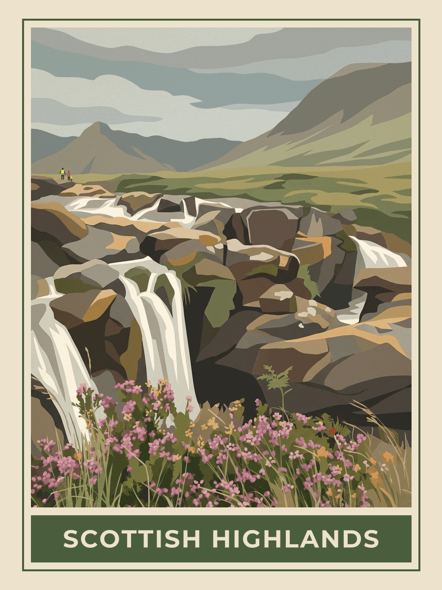 Vintage travel poster of a waterfall in the Scottish Highlands, Springtime mood. RetroRoam.