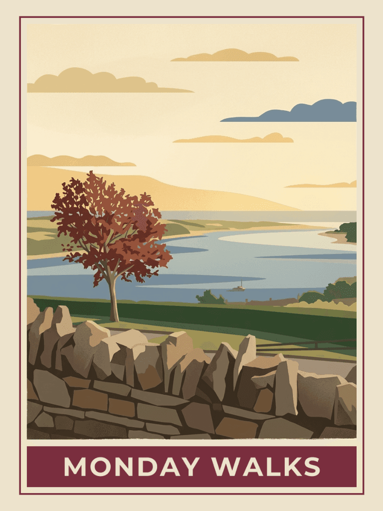 Vintage travel poster of dry stone wall and autumn tree titled Monday Walks, Golden Hour mood. RetroRoam.