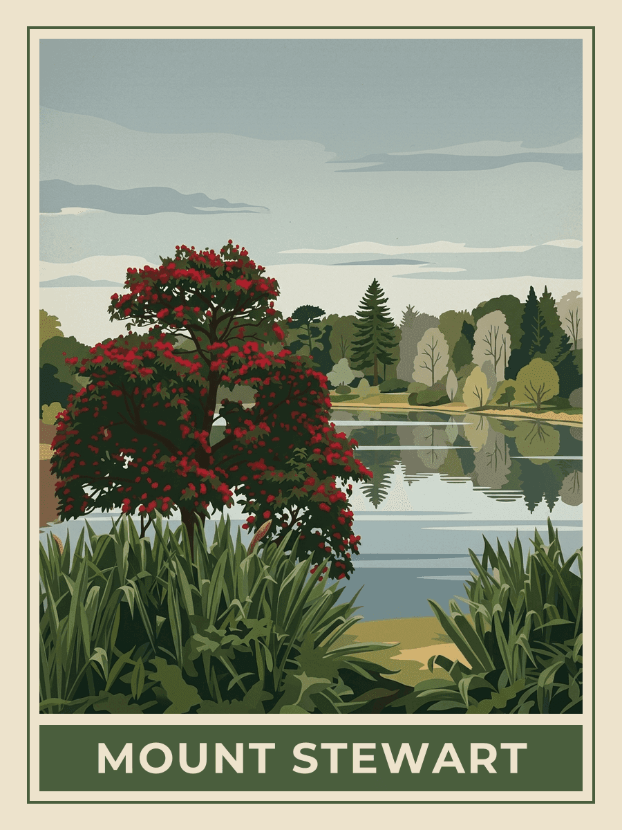Vintage travel poster of the grounds at Mount Stewart, County Down, Springtime mood. RetroRoam.