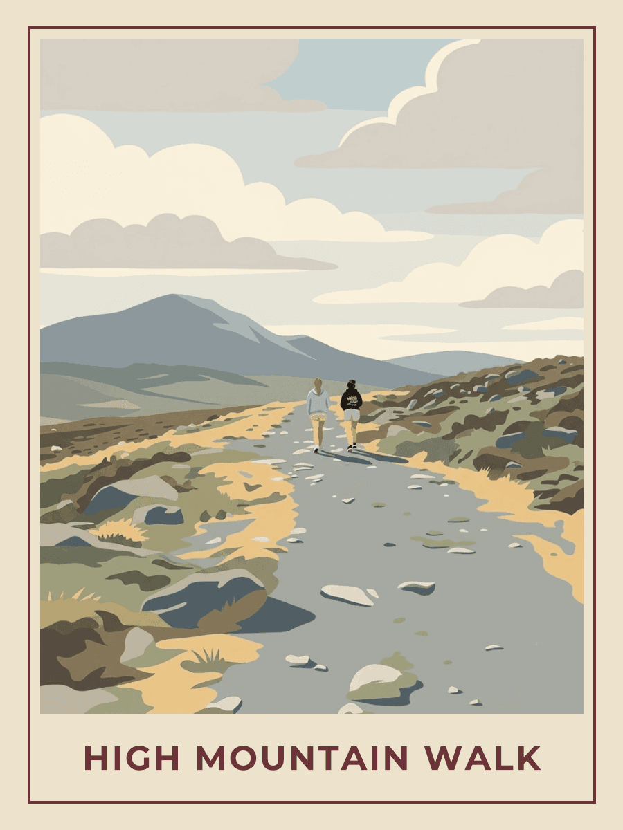 Vintage travel poster of two walkers on a mountain path in the Mournes, Springtime mood. RetroRoam.