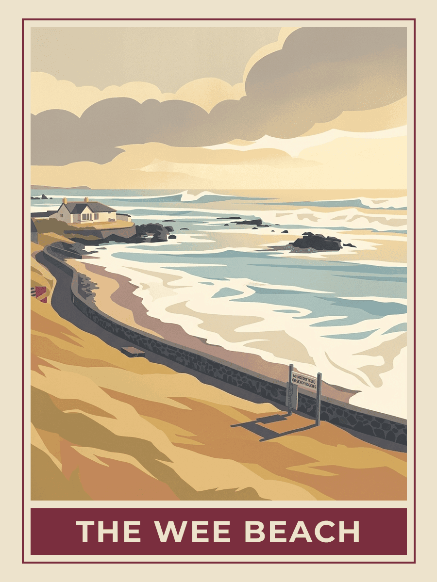 Vintage travel poster of The Wee Beach, Northern Ireland, Golden Hour mood. RetroRoam.