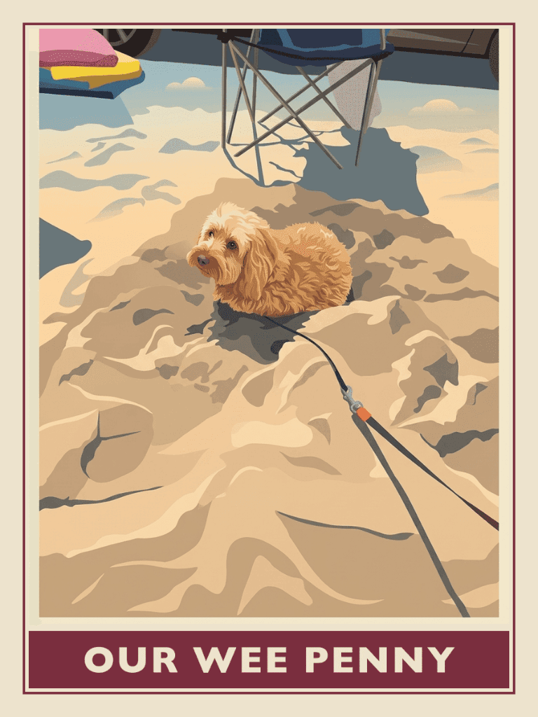 Vintage travel poster of Penny the dog sitting in sand on the beach titled Our Wee Penny, Golden Hour mood. RetroRoam.