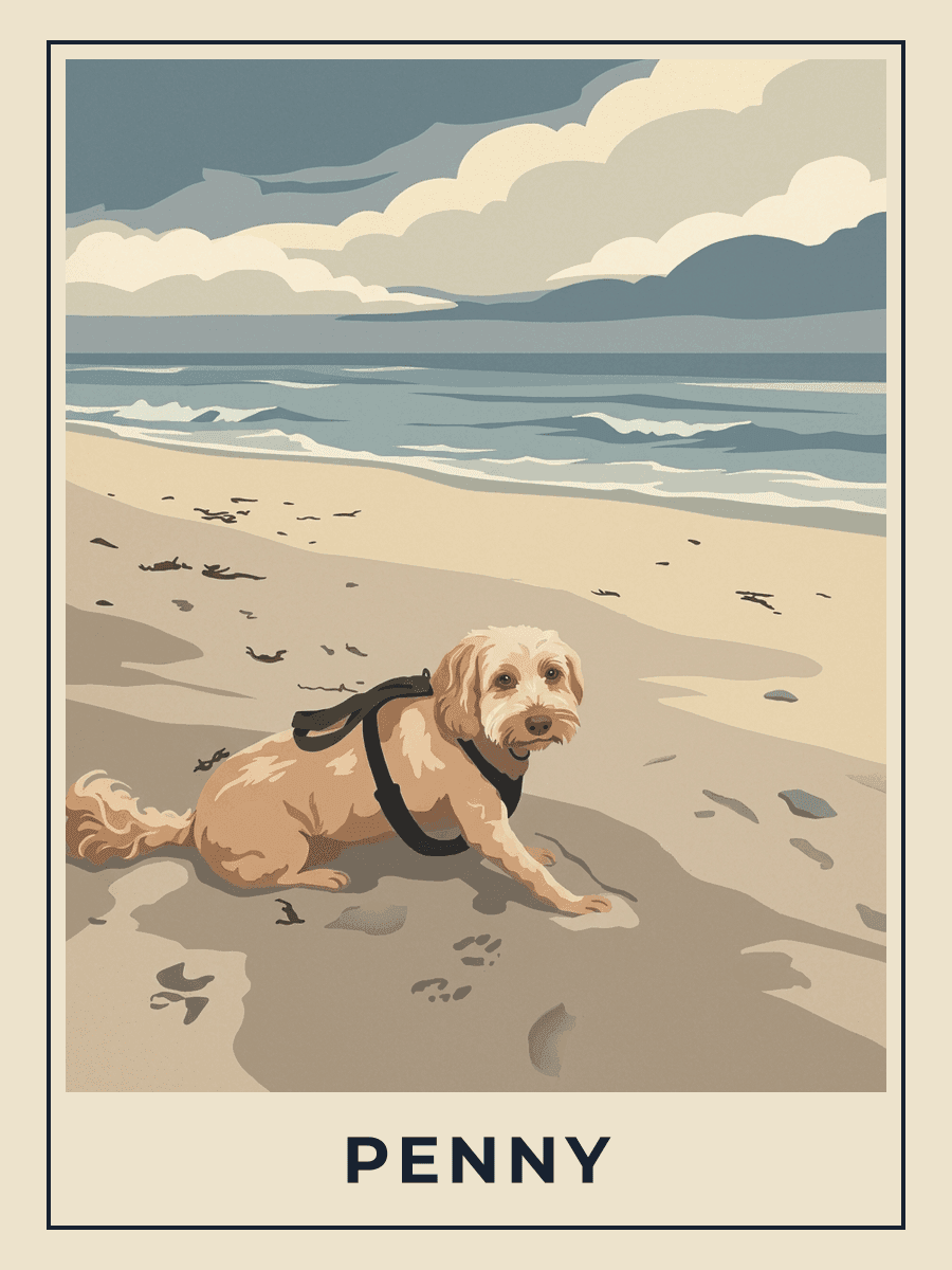 Vintage travel poster of Penny the dog sitting in sand on the beach titled Our Wee Penny, Midnight Blues mood. RetroRoam.
