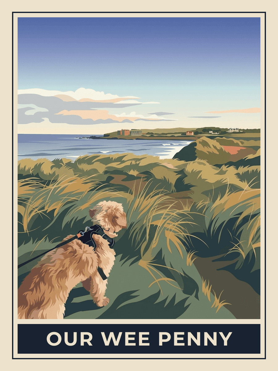 Vintage travel poster of a dog at dusk on the Irish coast, Midnight Blues mood. RetroRoam.