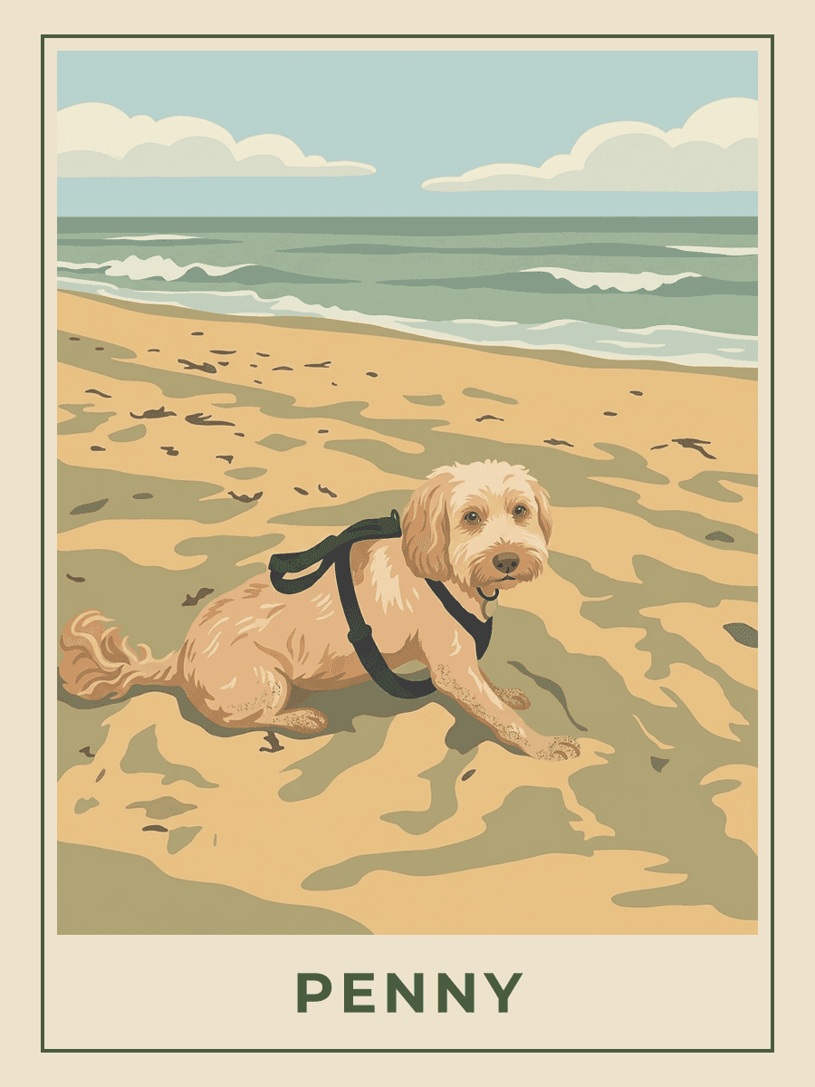 Vintage travel poster of Penny the dog sitting in sand on the beach titled Our Wee Penny, Springtime mood. RetroRoam.