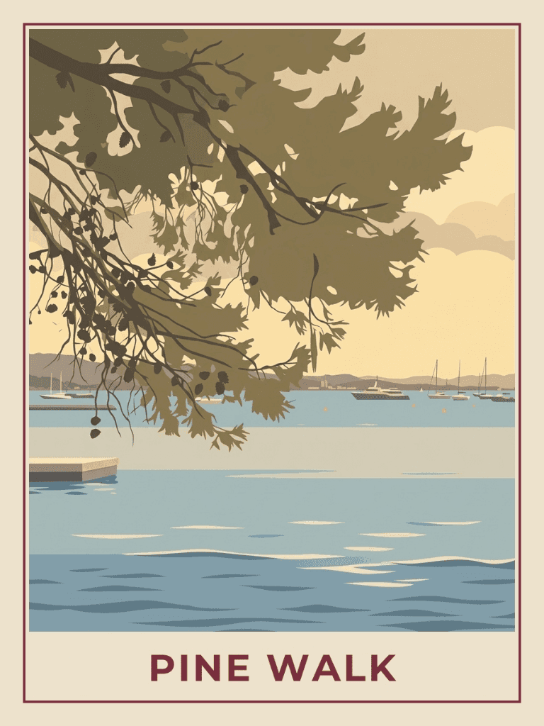Vintage travel poster of Pine Walk in Port de Pollença, Mallorca, Golden Hour mood. RetroRoam.