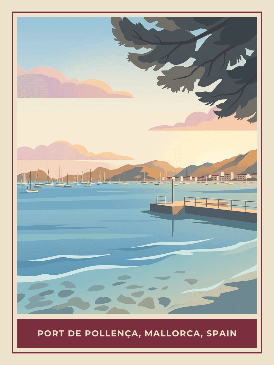Vintage travel poster of Port de Pollença, Mallorca, Golden Hour mood. RetroRoam.