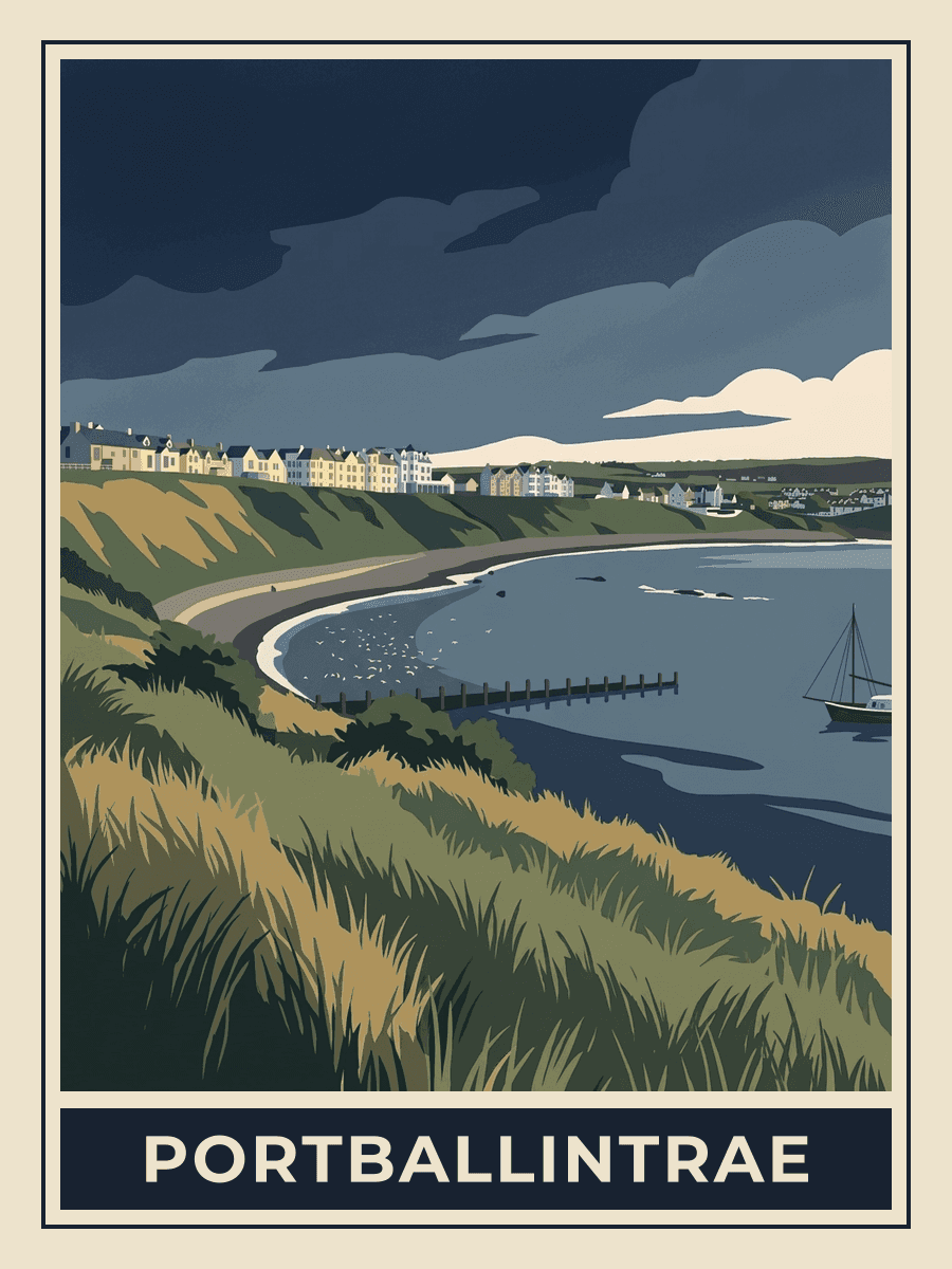 Vintage travel poster of Portballintrae on the Antrim coast, Northern Ireland, Midnight Blues mood. RetroRoam.