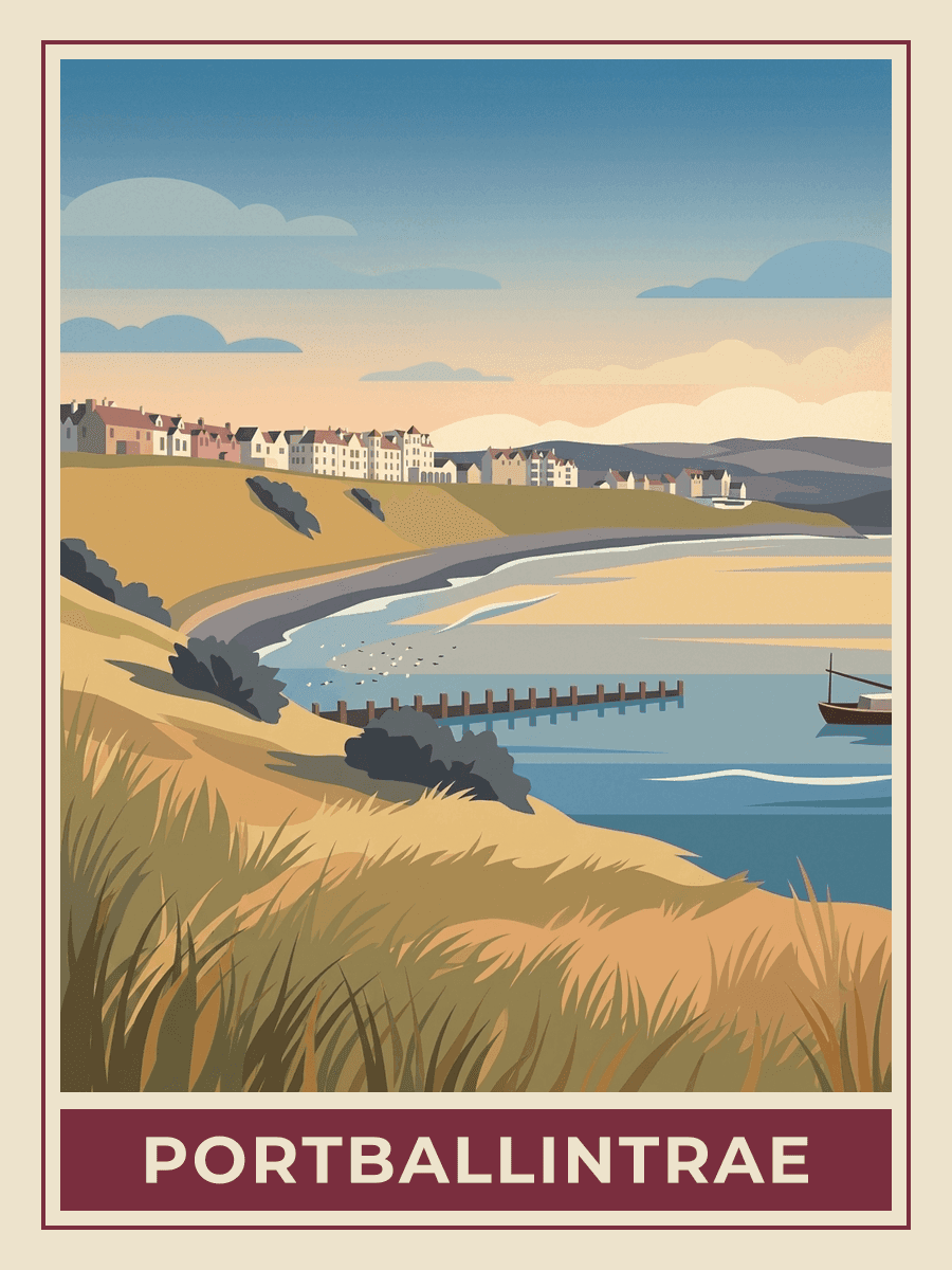Vintage travel poster of Portballintrae on the Antrim coast, Northern Ireland, Golden Hour mood. RetroRoam.