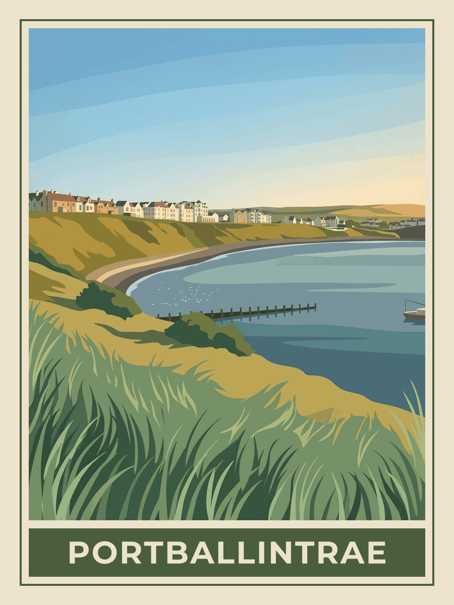Vintage travel poster of Portballintrae on the Antrim coast, Northern Ireland, Springtime mood. RetroRoam.