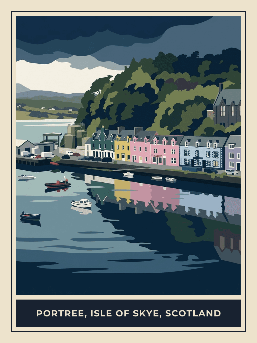 Vintage travel poster of Portree harbour, Isle of Skye, Midnight Blues mood. RetroRoam.