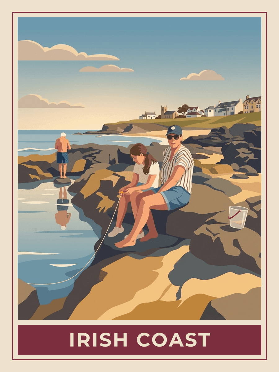 Vintage travel poster of two people on rocks by coastal rockpools, Golden Hour mood. RetroRoam.