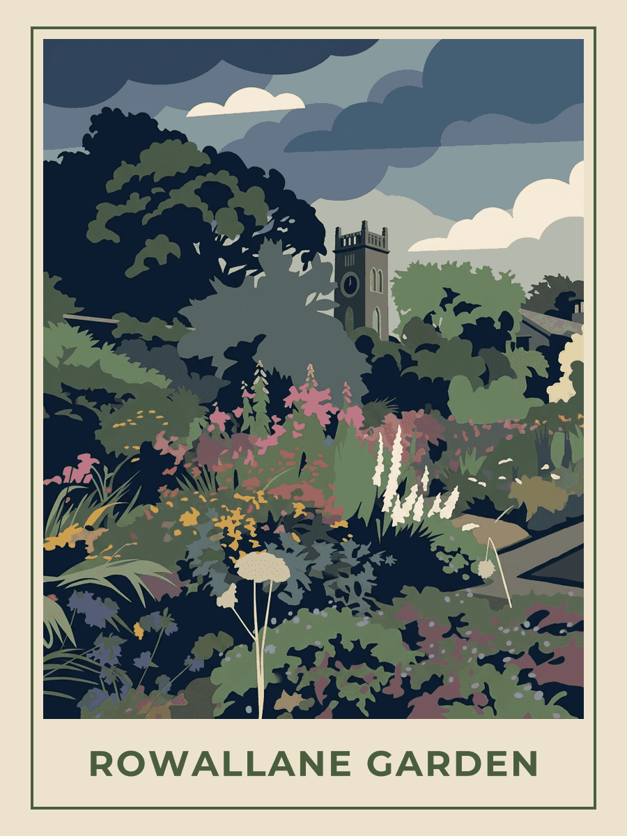 Vintage travel poster of Rowallane Garden, Saintfield, County Down, Midnight Blues mood. RetroRoam.