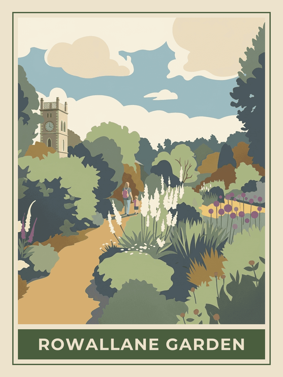 Vintage travel poster of rhododendrons at Rowallane Garden, Saintfield, Springtime mood. RetroRoam.