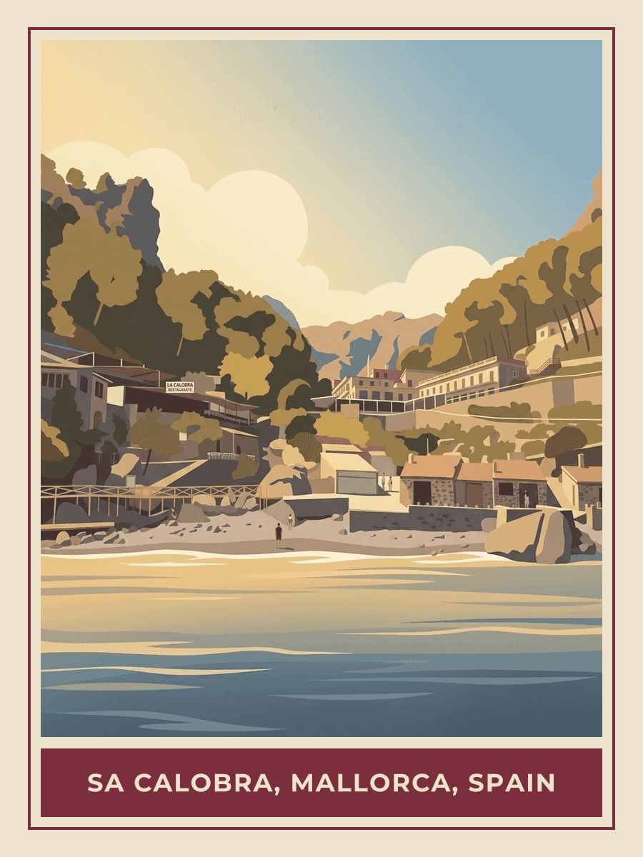 Vintage travel poster of Sa Calobra, Mallorca, Golden Hour mood. RetroRoam.