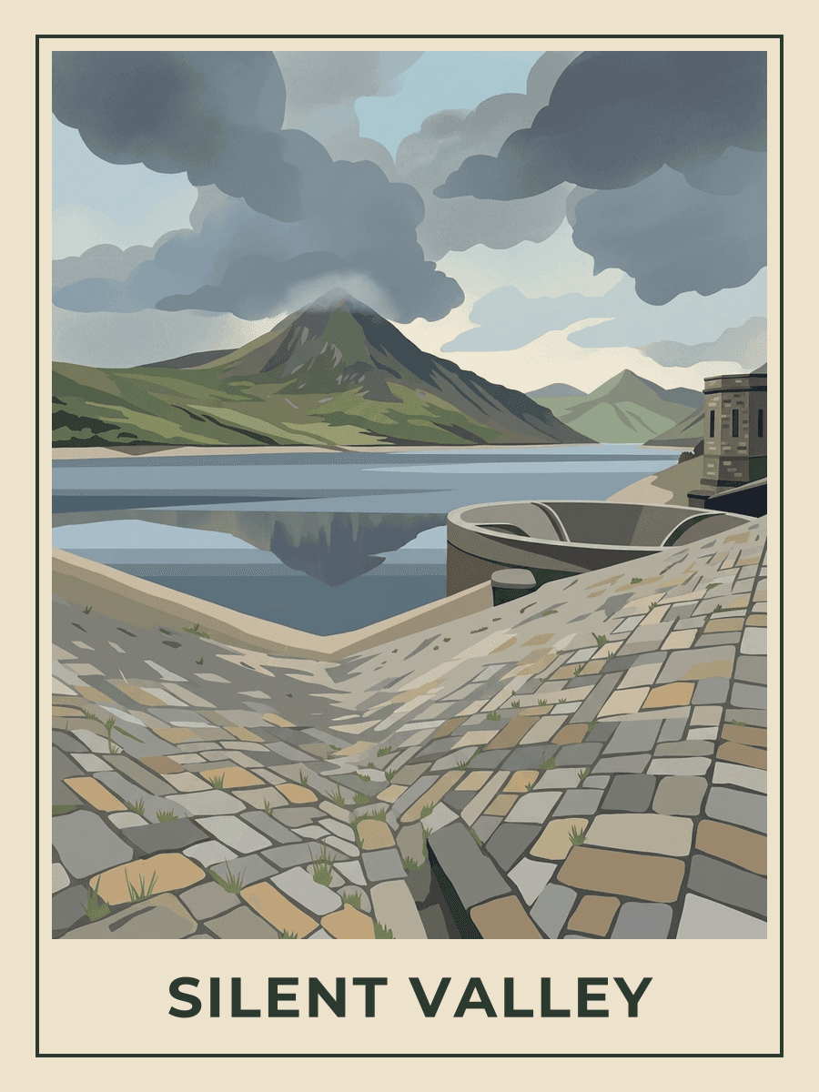 Vintage travel poster of the Silent Valley reservoir in the Mourne Mountains, County Down, Midnight Blues mood. RetroRoam.