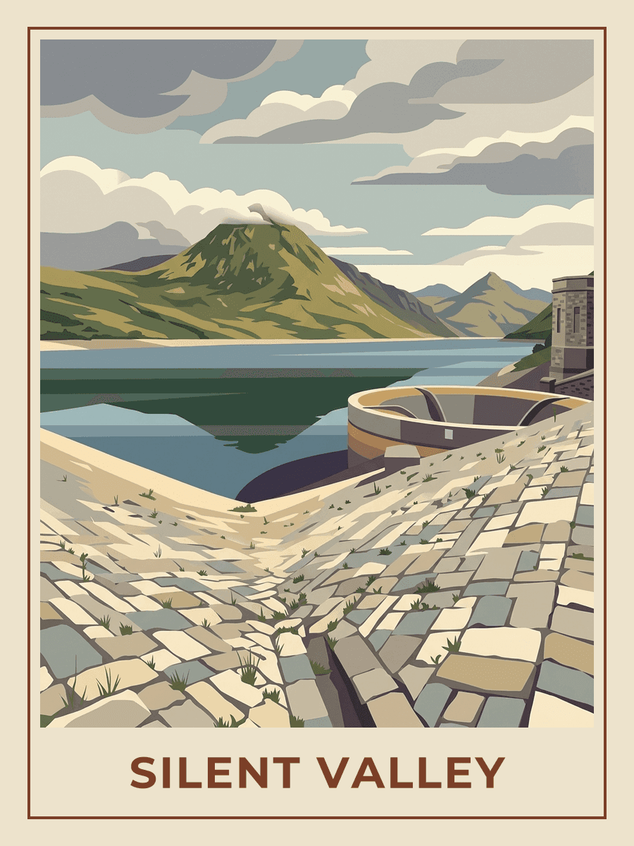 Vintage travel poster of the Silent Valley reservoir in the Mourne Mountains, County Down, Golden Hour mood. RetroRoam.