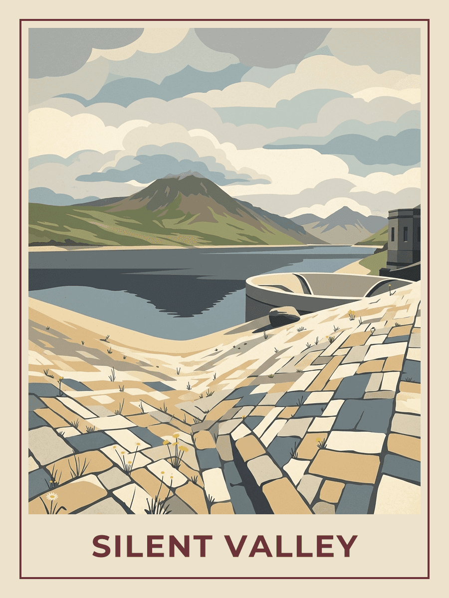 Vintage travel poster of the Silent Valley reservoir in the Mourne Mountains, County Down, Springtime mood. RetroRoam.