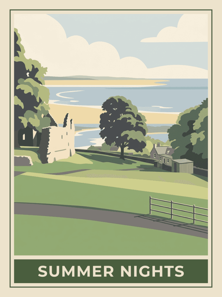 Vintage travel poster of castle ruins overlooking a lough titled Summer Nights, Springtime mood. RetroRoam.