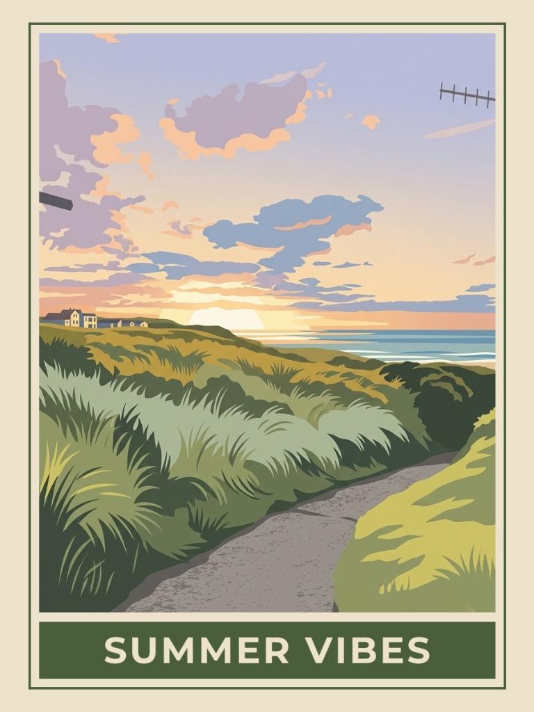 Vintage travel poster of coastal dune path leading to sunset beach titled Summer Vibes, Midnight Blues mood. RetroRoam.