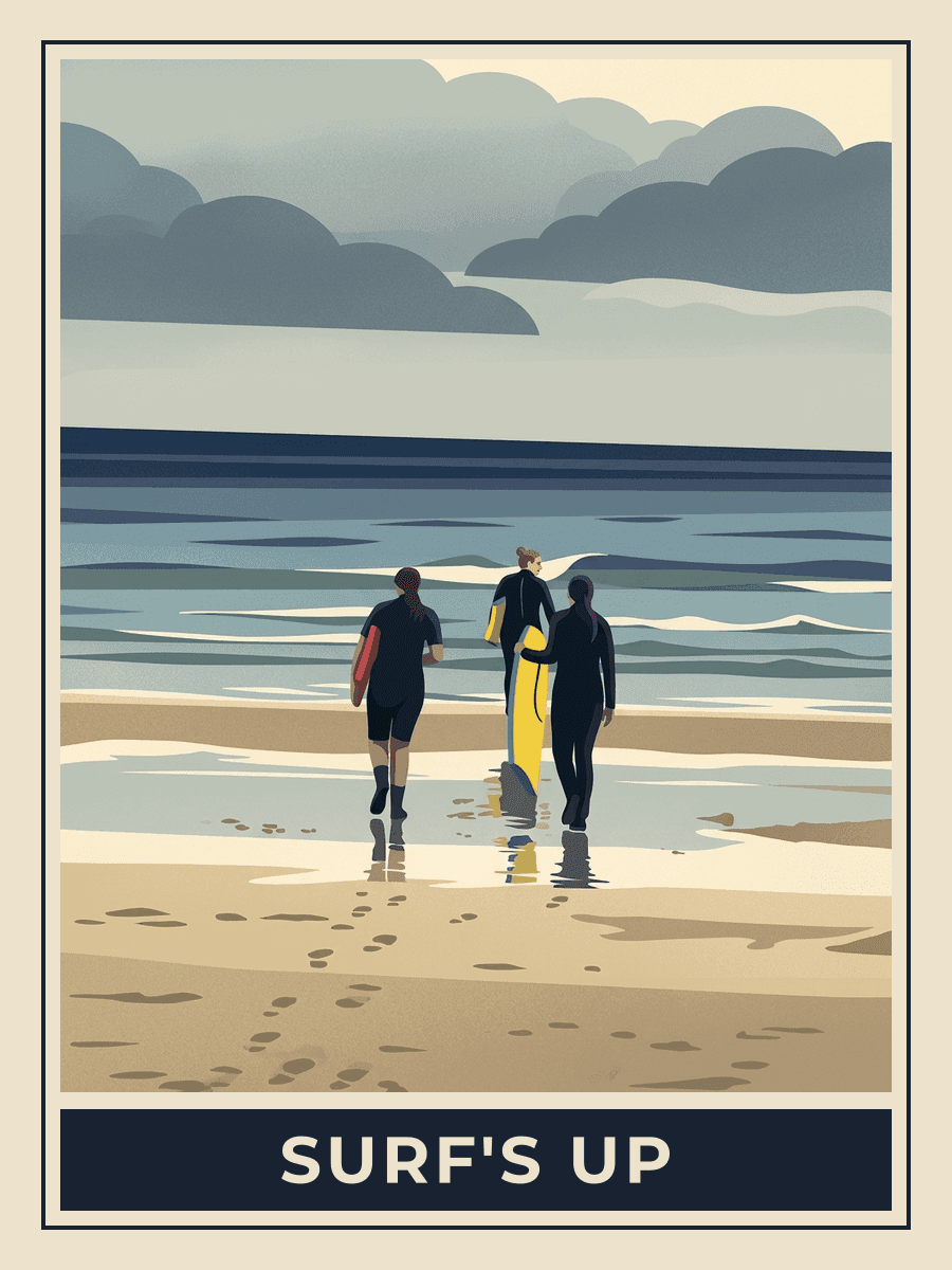 Vintage travel poster of three surfers walking to the sea on Portstewart Strand, Midnight Blues mood. RetroRoam.