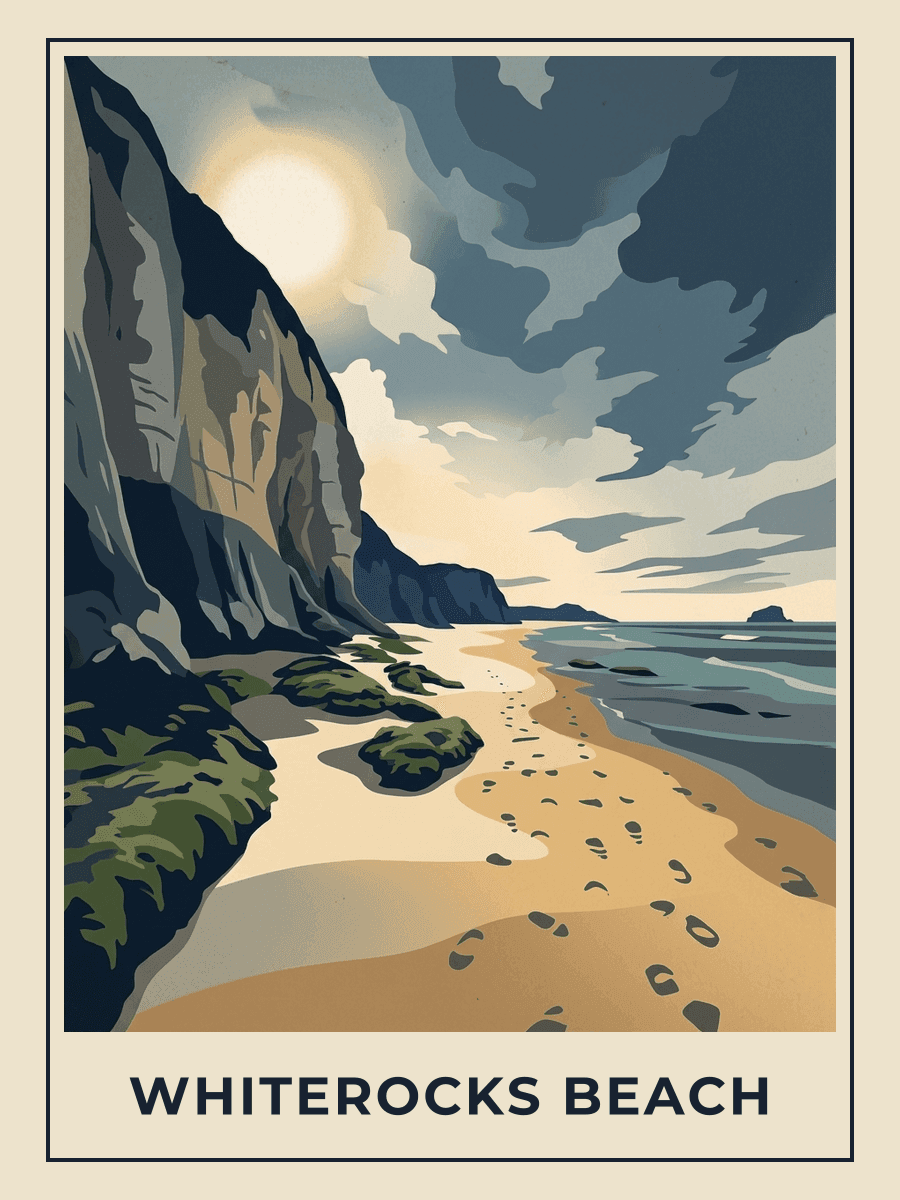 Vintage travel poster of Whiterocks beach, Portrush, Northern Ireland, Midnight Blues mood. RetroRoam.