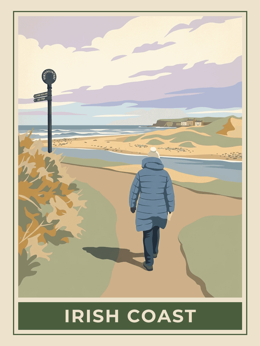 Vintage travel poster of a lone walker on a winter beach, Springtime mood. RetroRoam.