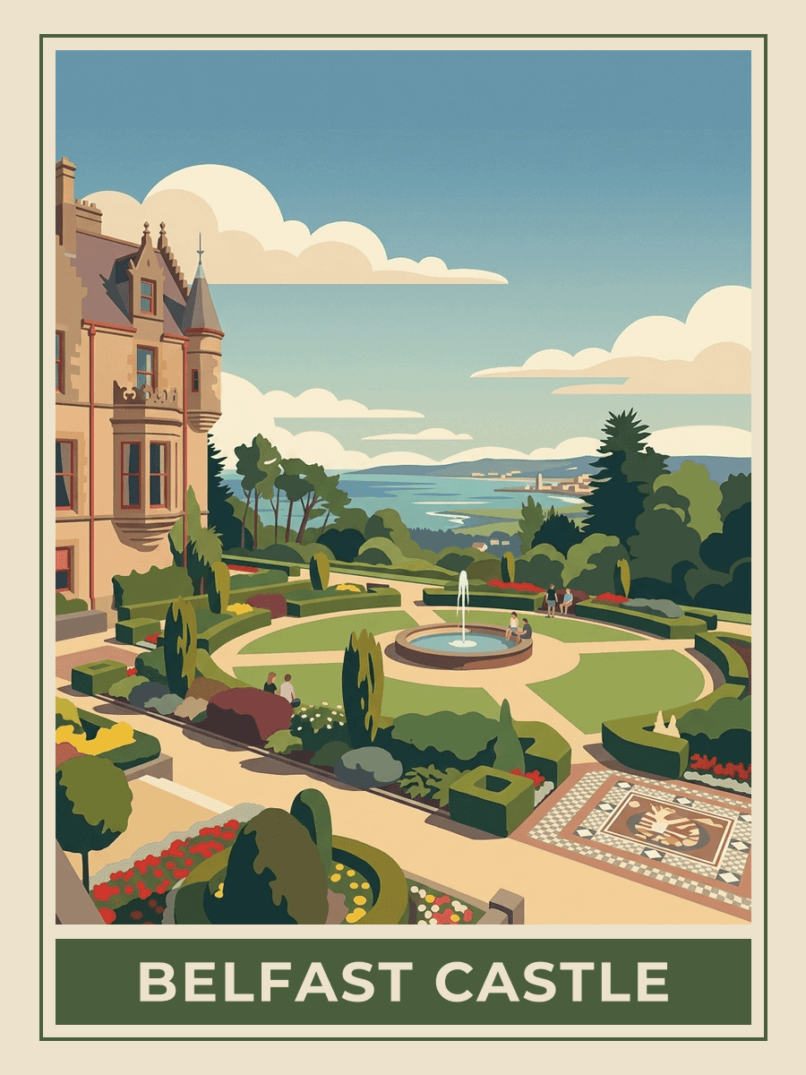 Vintage travel poster of Belfast Castle Gardens, County Antrim, Springtime mood. RetroRoam.