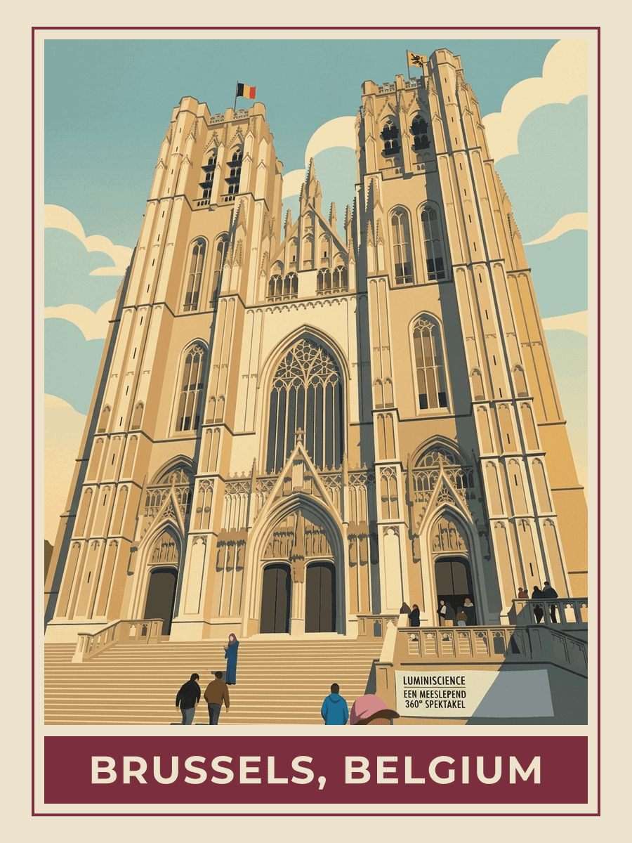 Vintage travel poster of the Grand Place, Brussels, Golden Hour mood. RetroRoam.