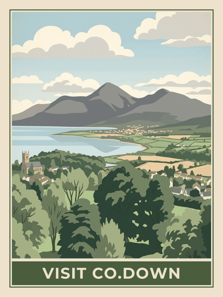 Vintage travel poster of County Down and the Mourne Mountains, Springtime mood. RetroRoam.